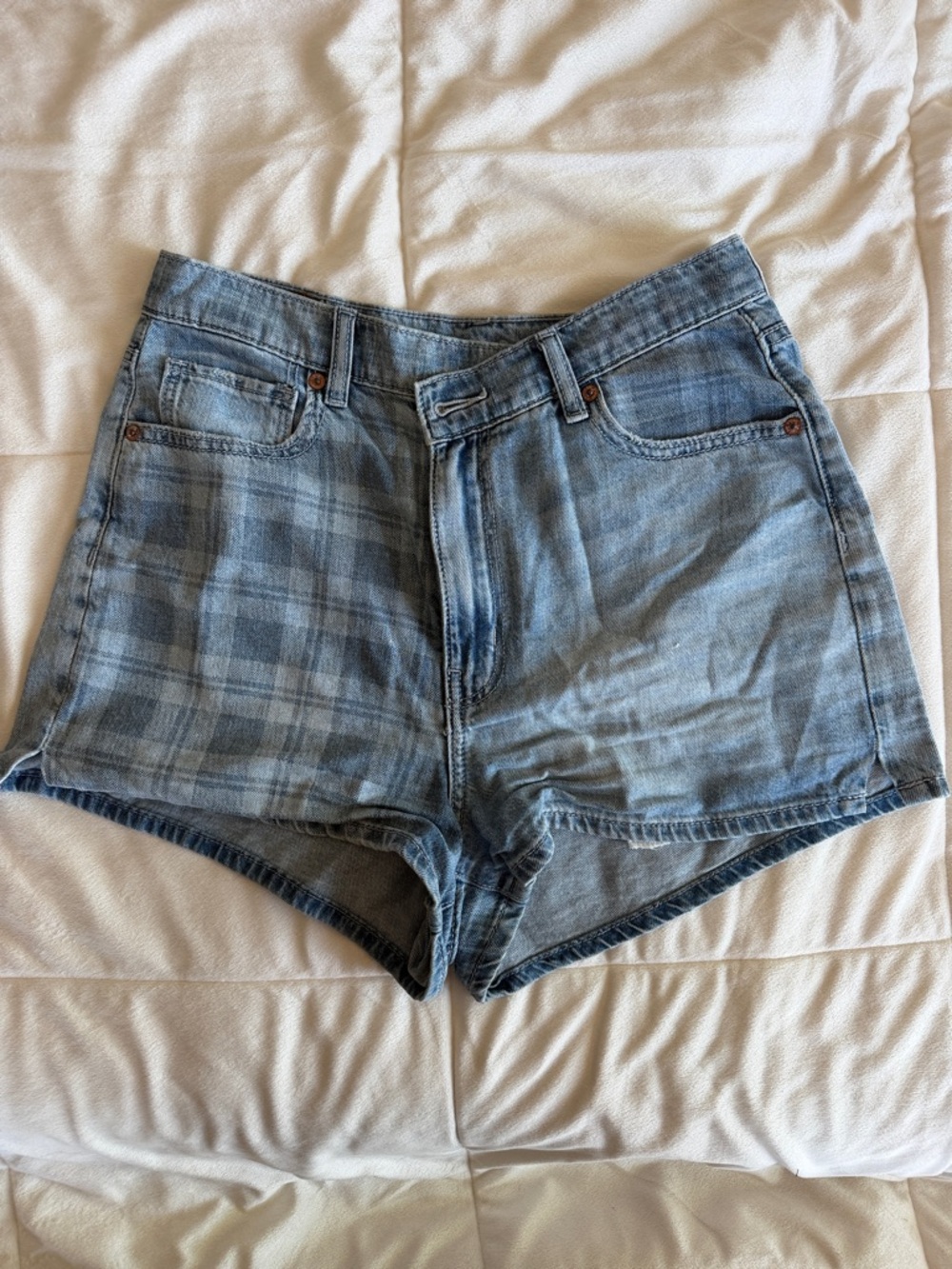 American Eagle Light Blue Plaid Denim Women's Shorts